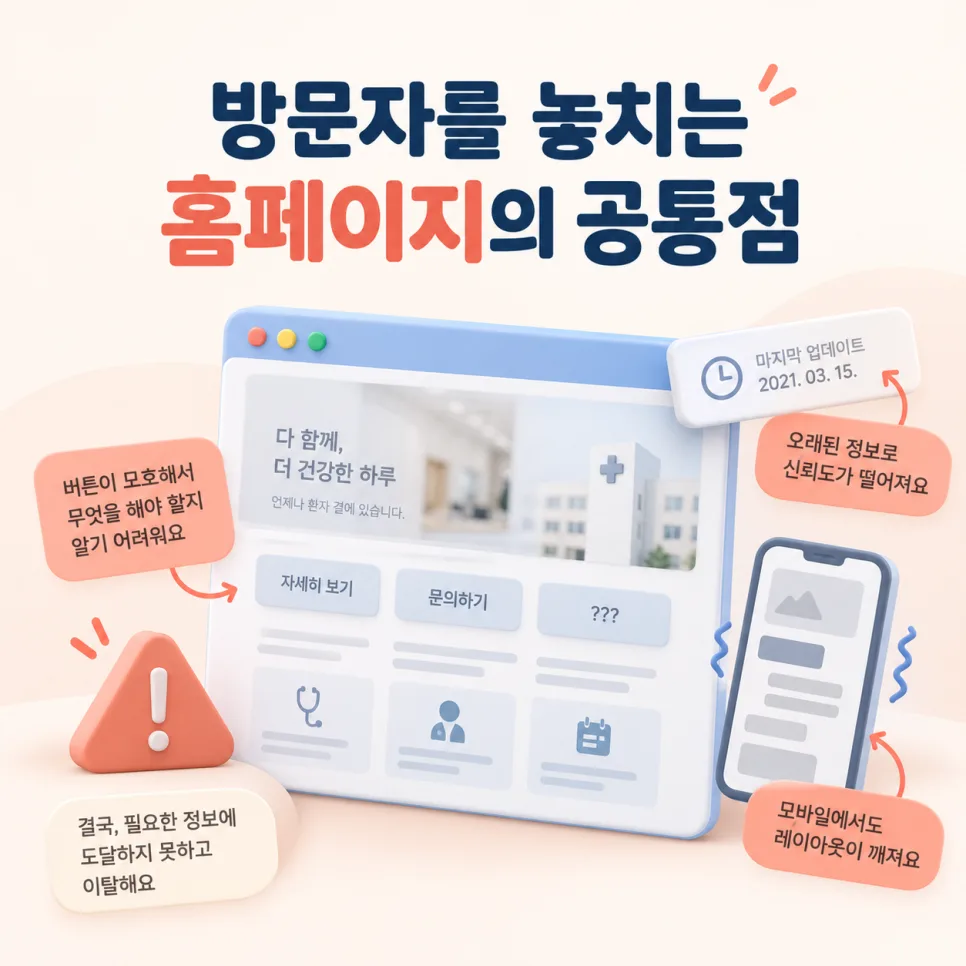 버튼이 모호하고 정보가 오래되고 모바일 화면이 깨진 홈페이지 예시 그림