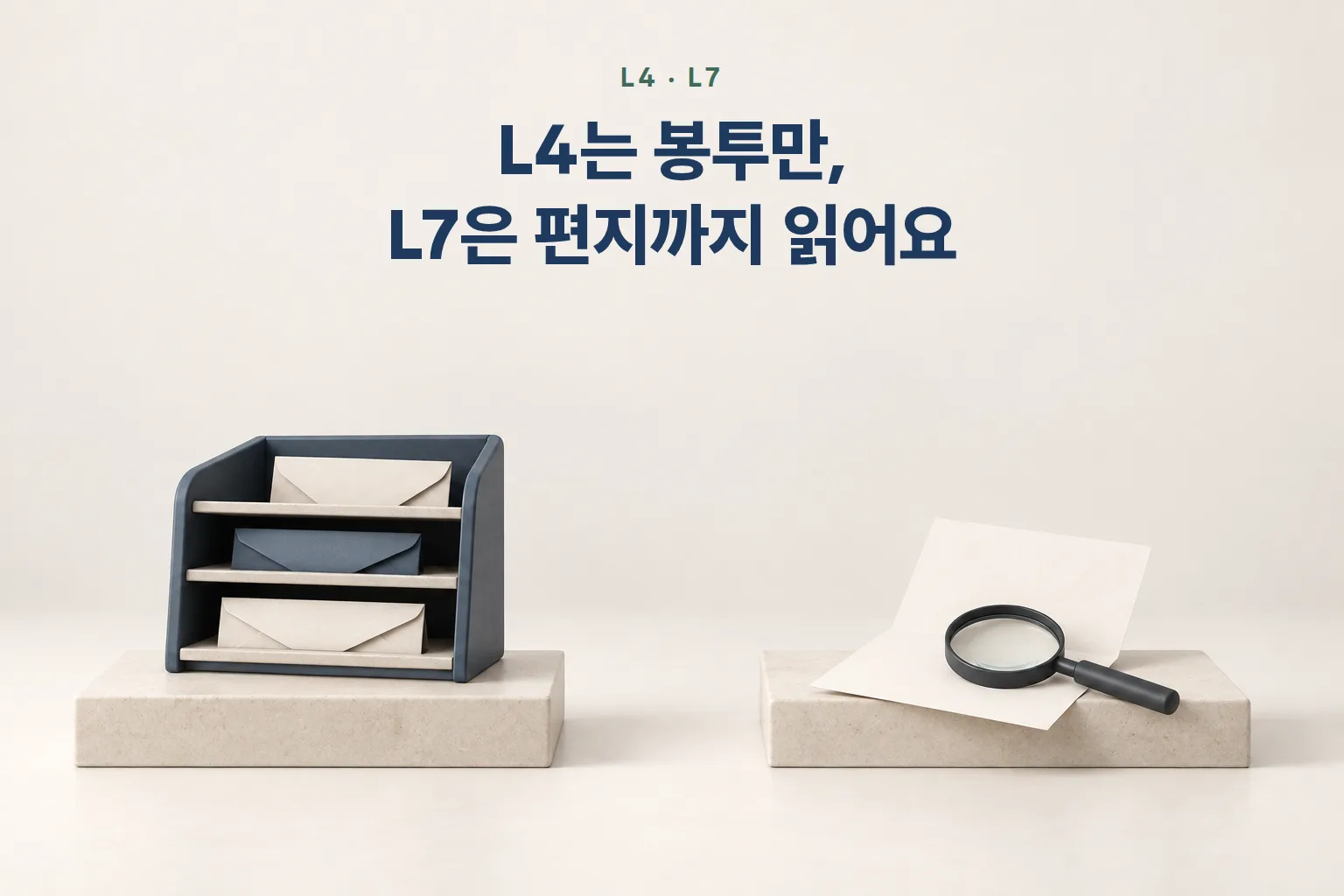 우편 분류함 위의 닫힌 봉투들과 확대경 아래 펼쳐진 편지